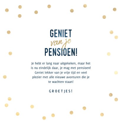 Stijlvolle felicitatiekaart pensioen blauw & gouden confetti 3