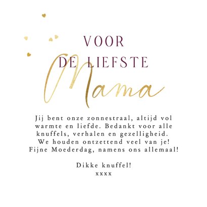 Stijlvolle fotokaart Moederdag liefste mama harten goud 3