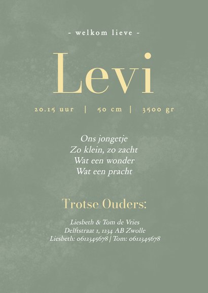 Stijlvolle geboortekaartjes donkergroen met gouden vogel 3