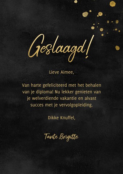 Stijlvolle geslaagd kaart met foto's gouden spetters & zwart 3