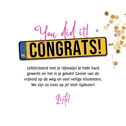 Stijlvolle geslaagdkaart rijbewijs auto confetti goud 3