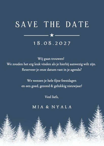 Stijlvolle grappige Save the Date kerstkaart met kerstbomen 3