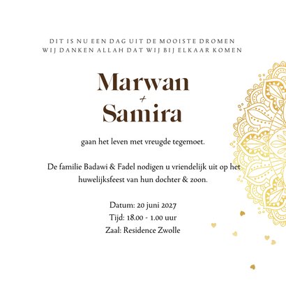 Stijlvolle islamitische trouwkaart henna hartjes goud 3