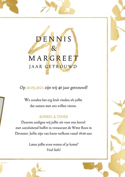 Stijlvolle jubileum uitnodiging 40 jaar met gouden plantjes 3