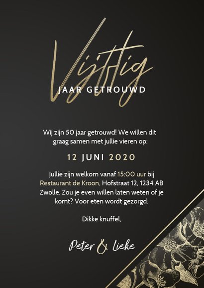 Stijlvolle jubileumkaart 50 jaar getrouwd gouden bloemen 3