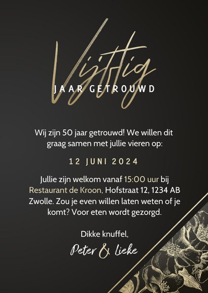 Stijlvolle jubileumkaart 50 jaar getrouwd gouden bloemen 3
