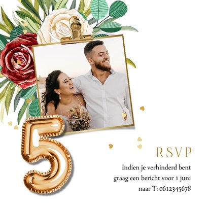 Stijlvolle jubileumkaart 5jaar getrouwd hout botanisch goud 2