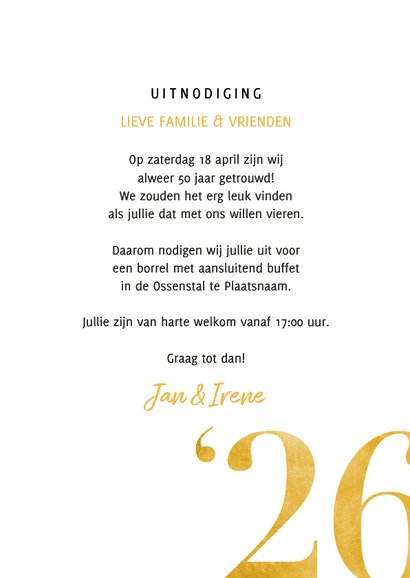 Stijlvolle jubileumkaart met gouden cijfers en grote foto 3