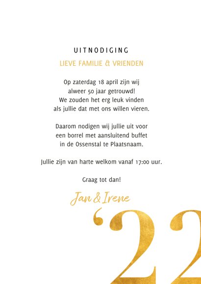 Stijlvolle jubileumkaart met gouden cijfers en grote foto 3