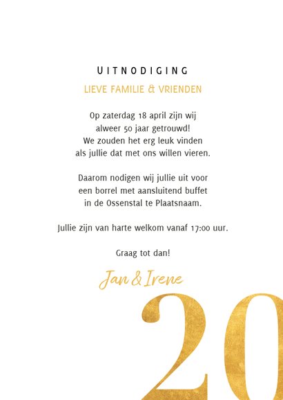 Stijlvolle jubileumkaart met gouden cijfers en grote foto 3
