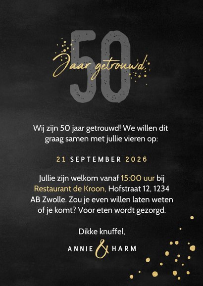 Stijlvolle jubileumkaart uitnodiging 50 jaar getrouwd zwart 3