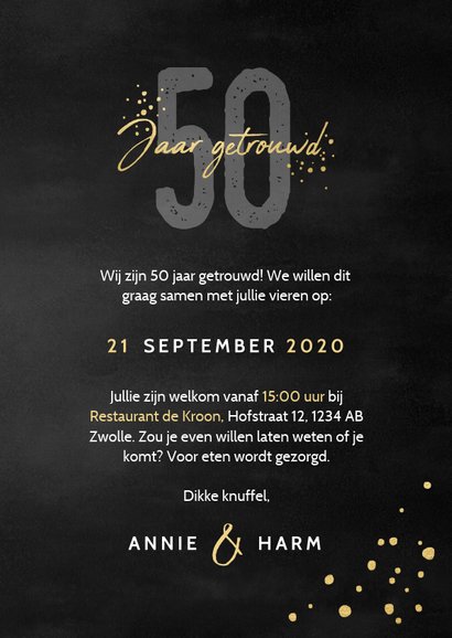 Stijlvolle jubileumkaart uitnodiging 50 jaar getrouwd zwart 3