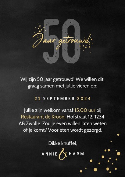 Stijlvolle jubileumkaart uitnodiging 50 jaar getrouwd zwart 3