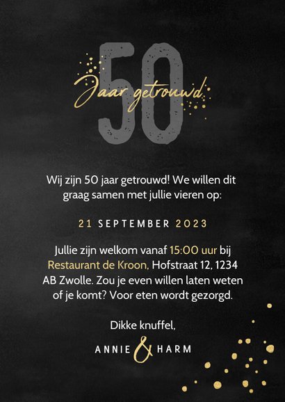 Stijlvolle jubileumkaart uitnodiging 50 jaar getrouwd zwart 3