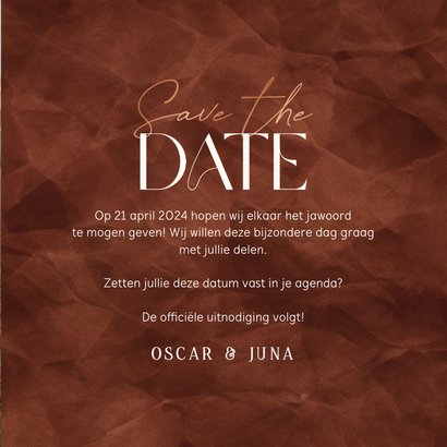 Stijlvolle kaart save the date roestbruin met koperen kader 3