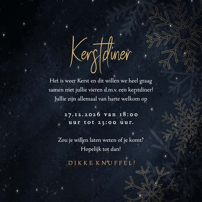 Stijlvolle kerstdiner uitnodiging gouden sneeuwvlokken 3