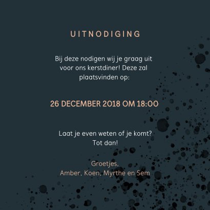 Stijlvolle kerstdiner uitnodiging met goudlook en spetters 3