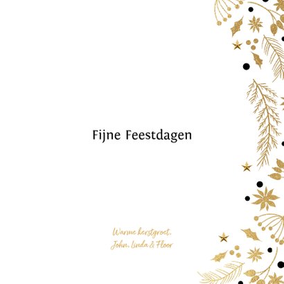 Stijlvolle kerstkaart 2 foto's kersttakjes goud zwart 3
