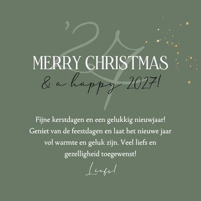 Stijlvolle kerstkaart botanische bladeren strik jaartal goud 3