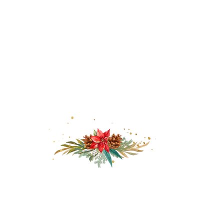 Stijlvolle kerstkaart botanische bladeren strik jaartal goud Achterkant