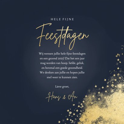 Stijlvolle kerstkaart gouden typo en sterren donkerblauw 3