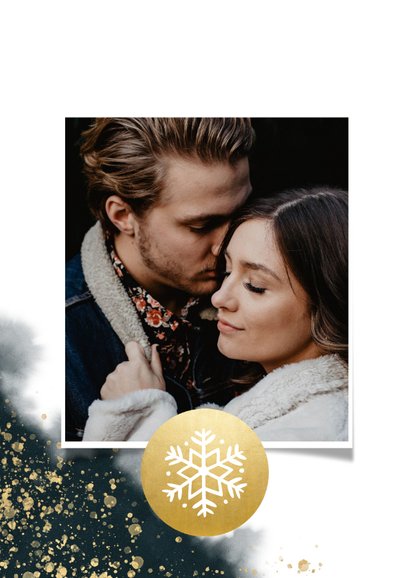 Stijlvolle kerstkaart waterverf, gouden spetters en foto 2