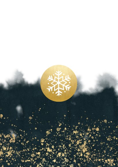Stijlvolle kerstkaart waterverf, gouden spetters en foto Achterkant