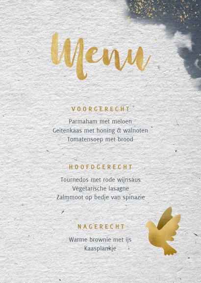 Stijlvolle menukaart jubileum waterverf, duiven & typografie 3