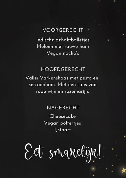 Stijlvolle menukaart kerstdiner zwart sterretjes goud 3