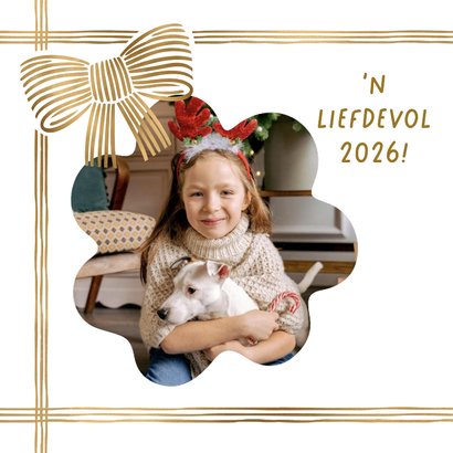 Stijlvolle nieuwjaarskaart linten strik lijntekening goud 2