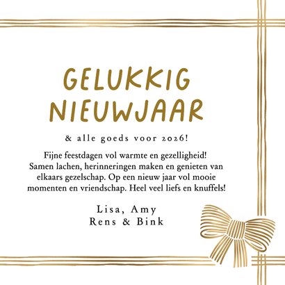 Stijlvolle nieuwjaarskaart linten strik lijntekening goud 3