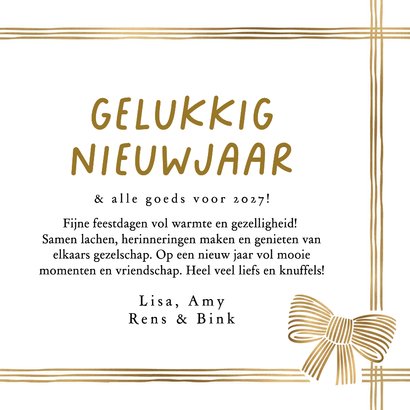 Stijlvolle nieuwjaarskaart linten strik lijntekening goud 3