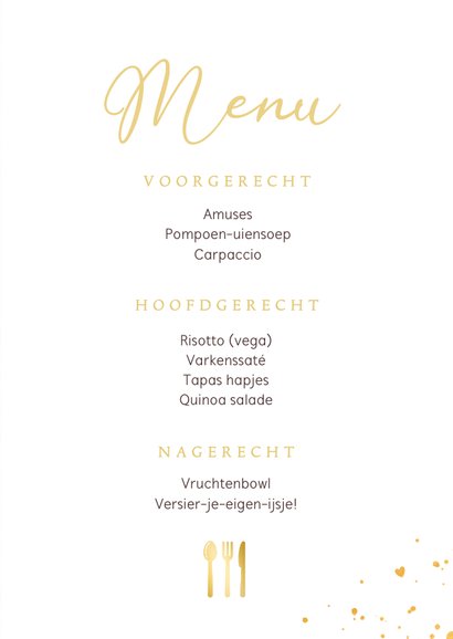 Stijlvolle oud roze 21 diner menukaart met gouden spetters 3