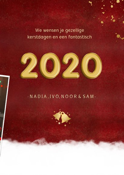 Stijlvolle rode fotocollage kerstkaart met jaartal 2020 3