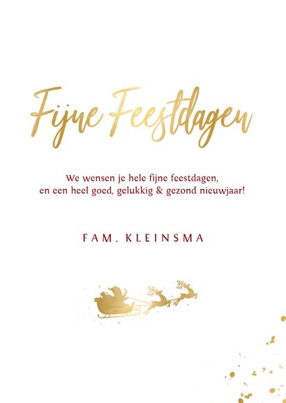 Stijlvolle rode kerstkaart met eigen foto en gouden tekst 3