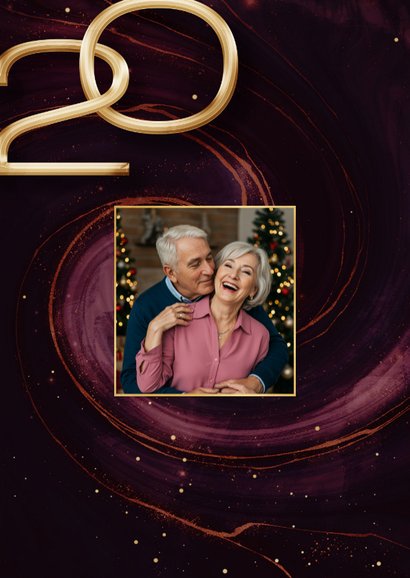 Stijlvolle rode marmer swirl fotocollage kerstkaart 2026 2