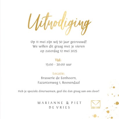 Stijlvolle rode uitnodigingskaart 50 jaar getrouwd met goud 3