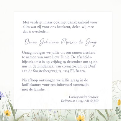 Stijlvolle rouwkaart met aquarel geschilderde wilde bloemen 3