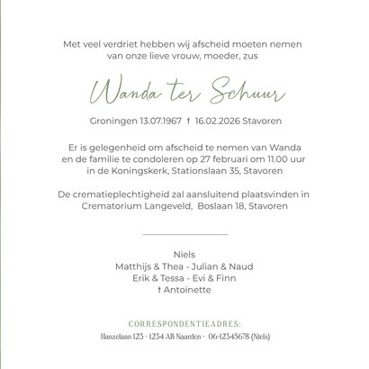 Stijlvolle rouwkaart met foto van bloeiende sneeuwklokjes 3