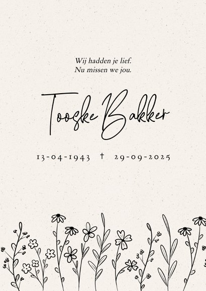 Stijlvolle rouwkaart met lijntekening bloemetjes 2