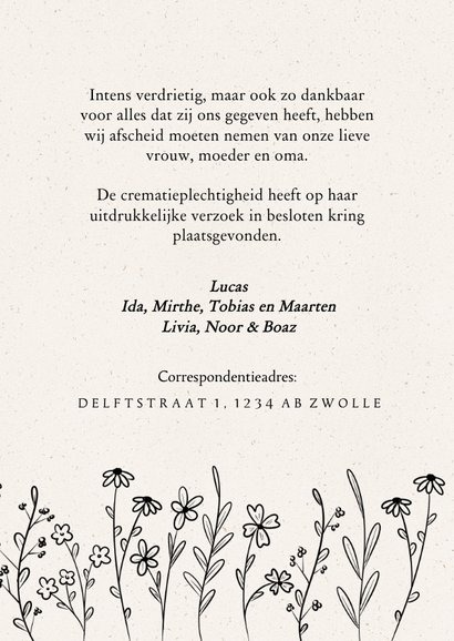 Stijlvolle rouwkaart met lijntekening bloemetjes 3