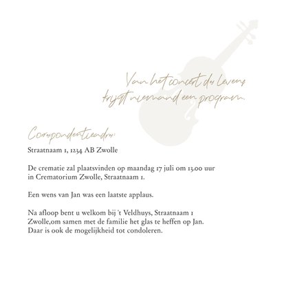 Stijlvolle rouwkaart muziek silhouet viool foto 2