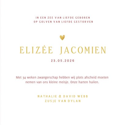 Stijlvolle rouwkaart voor een baby met een gouden regenboog 3