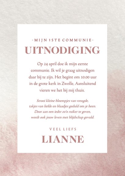Stijlvolle roze waterverf communiekaarten met foto 3