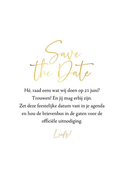 Stijlvolle save the date fotokaart botanische bladeren goud 3