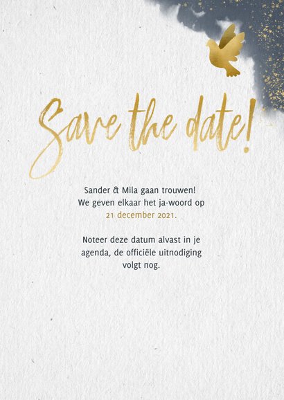 Stijlvolle save the date kaart gouden duiven en waterverf 3
