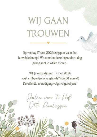 Stijlvolle Save the Date kaart met 2 witte duiven en planten 3
