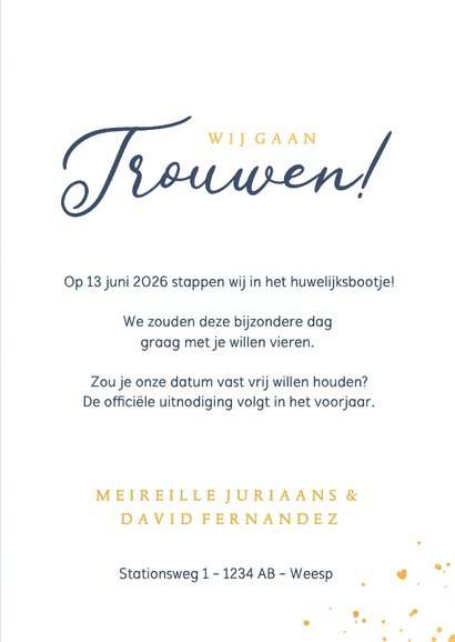 Stijlvolle Save the Date kaart met kalender en goudfolie 3