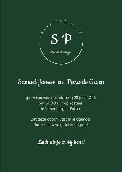 Stijlvolle save the date kaart met logo en initialen 3