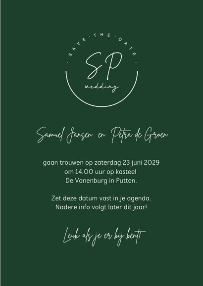 Stijlvolle save the date kaart met logo en initialen 3